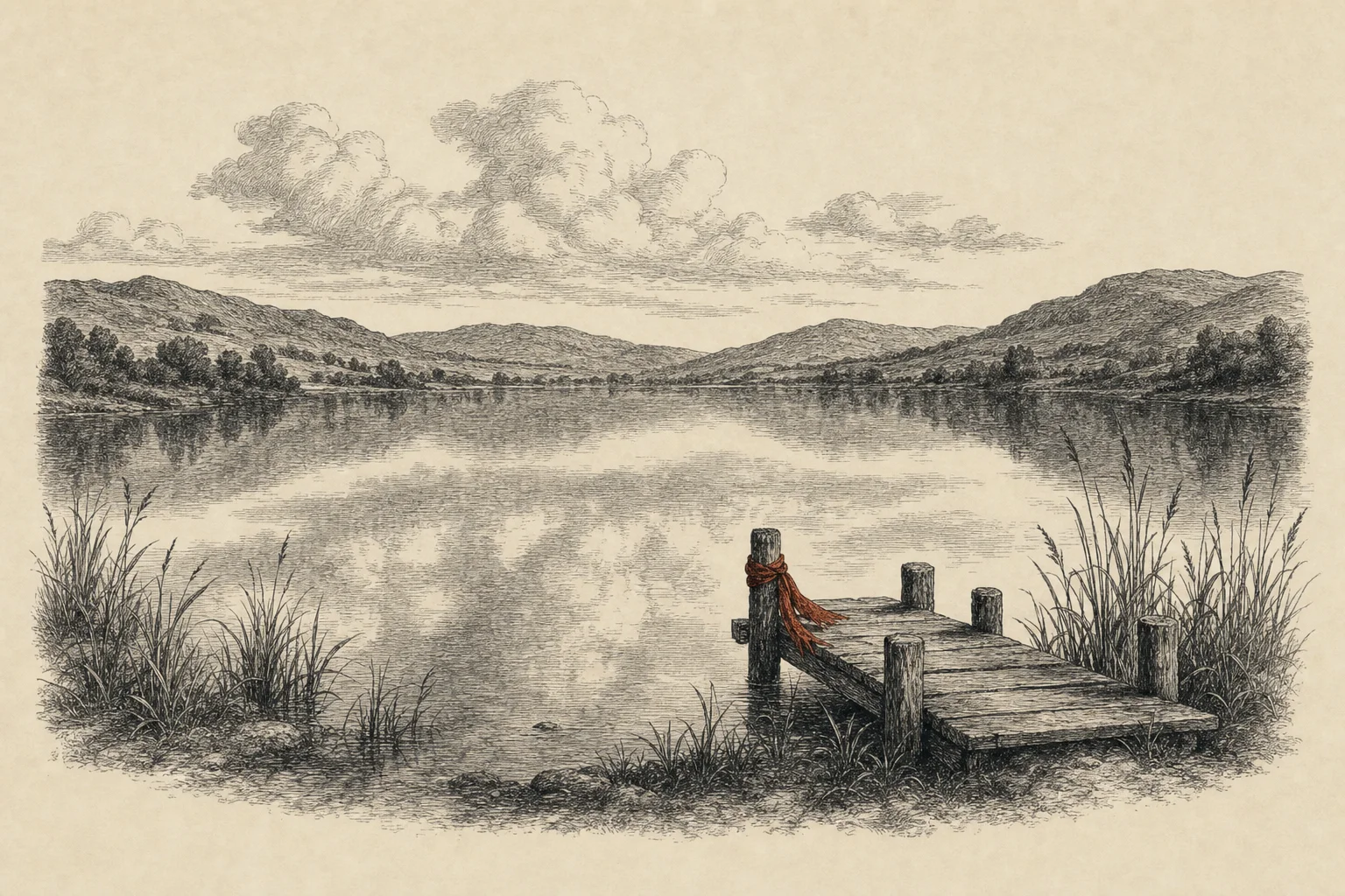 Un lac paisible entouré de collines, des roseaux et une petite jetée de bois au premier plan