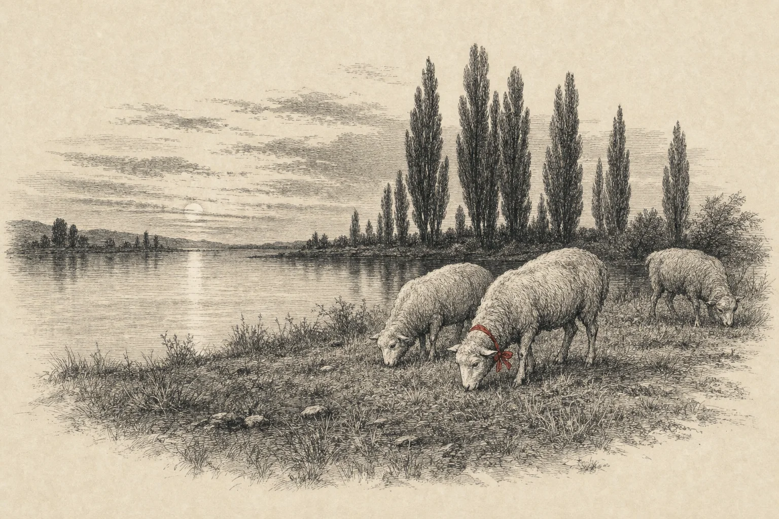 Quelques moutons qui paissent au bord d'un lac, le soir