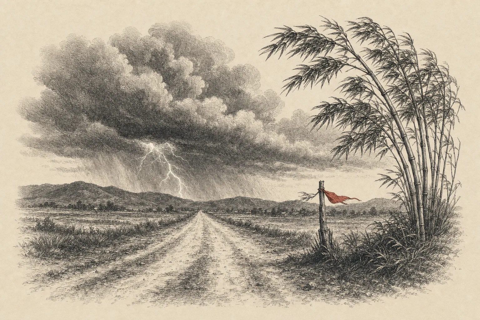 Une grande route vide sous un ciel d'orage, des bambous courbés au bord du chemin