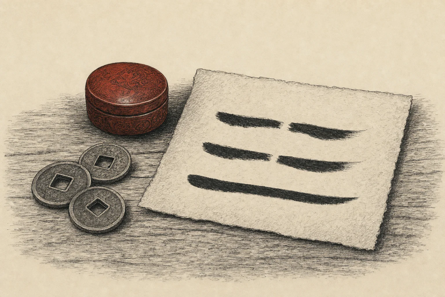 Trois pièces chinoises sur une table, à côté d'un trait plein et de deux traits brisés tracés à l'encre