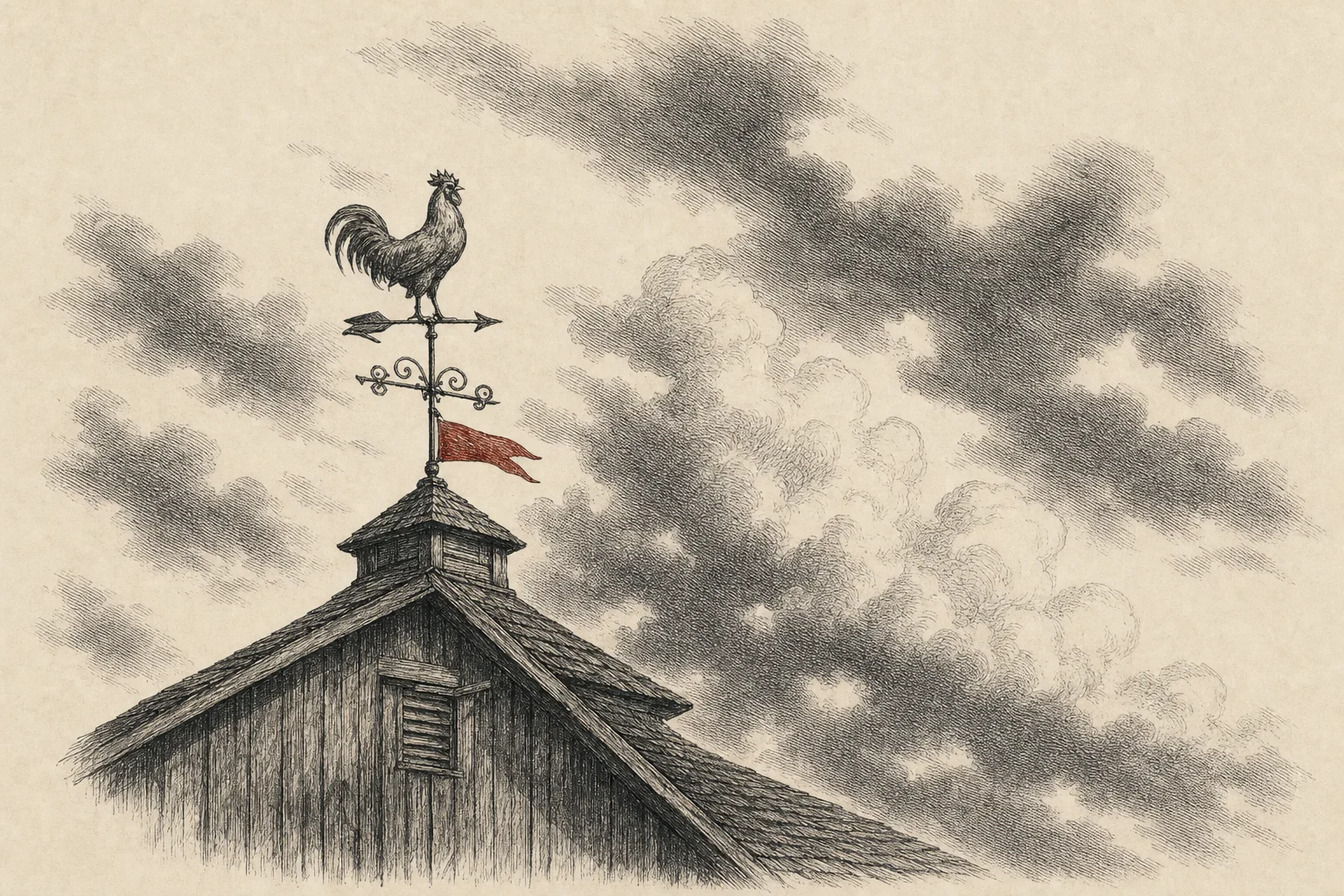 Une girouette en forme de coq sur le faîte d'une grange, sous un ciel de nuages