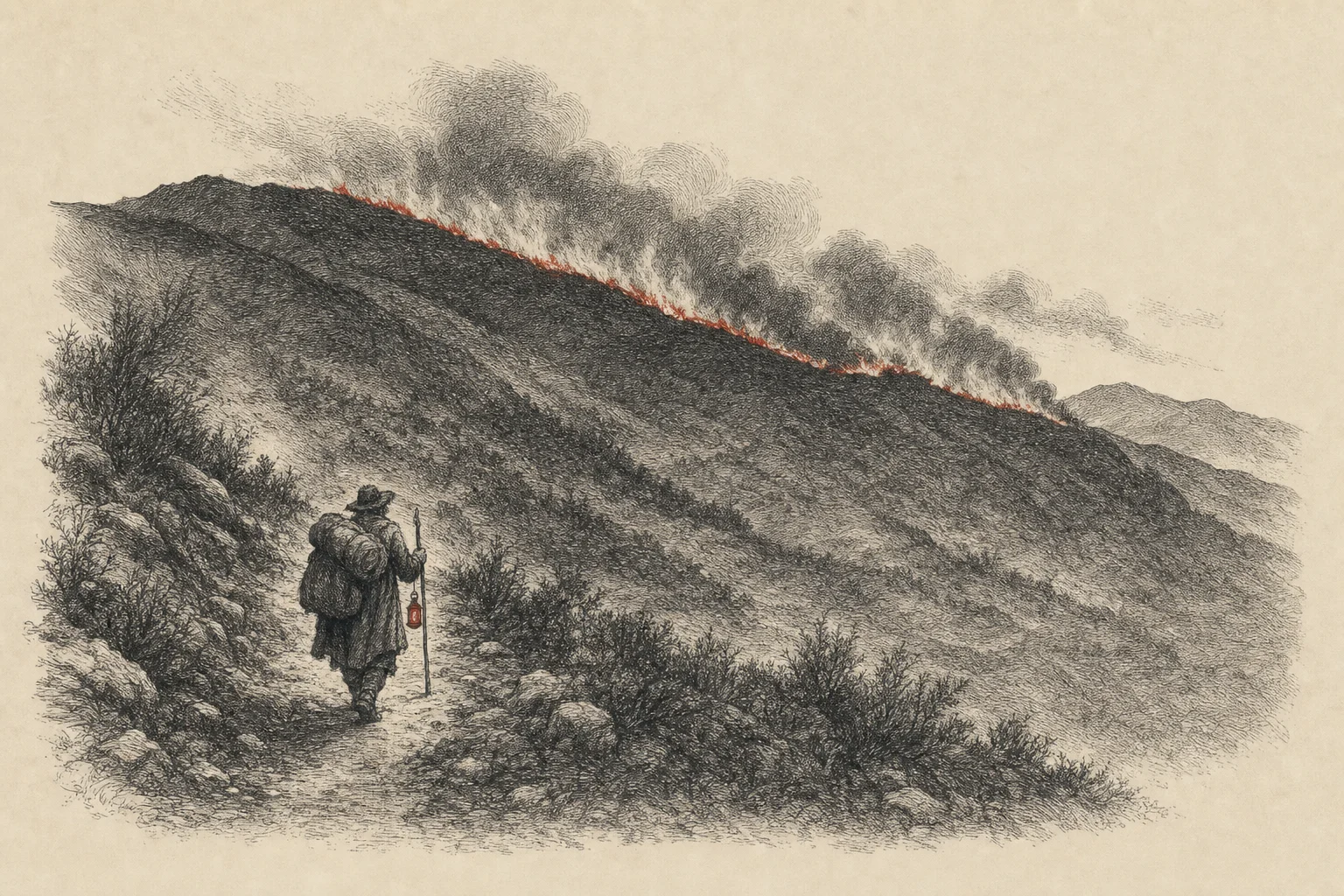 Un feu court sur la crête d'une montagne au crépuscule, un voyageur passe en contrebas avec son bâton