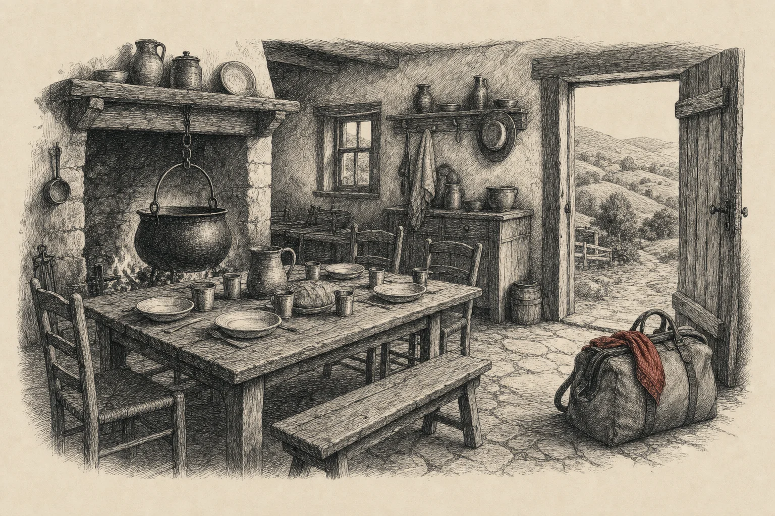 Une cuisine de ferme, un grand chaudron sur le feu, une longue table dressée et un sac de voyage près de la porte