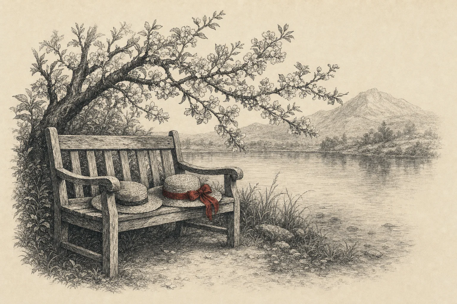 Un banc de jardin au bord d'un étang, deux chapeaux de paille posés sur le siège, une montagne au loin