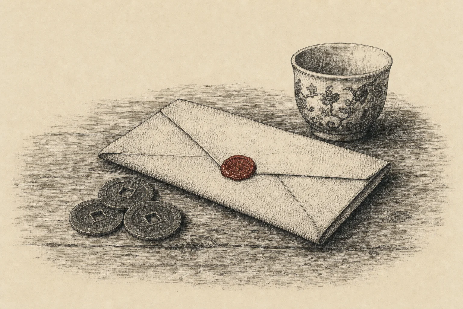 Trois pièces chinoises sur une table, à côté d'une lettre pliée et d'une tasse de thé