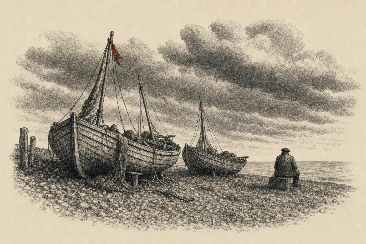 Des barques tirées sur la grève sous des nuages de pluie, une silhouette assise au loin