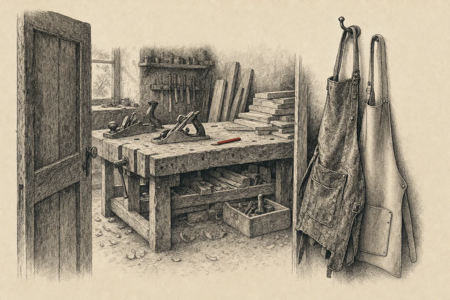 Un atelier de menuiserie, un vieux et un nouveau tablier de cuir suspendus côte à côte près de l'établi