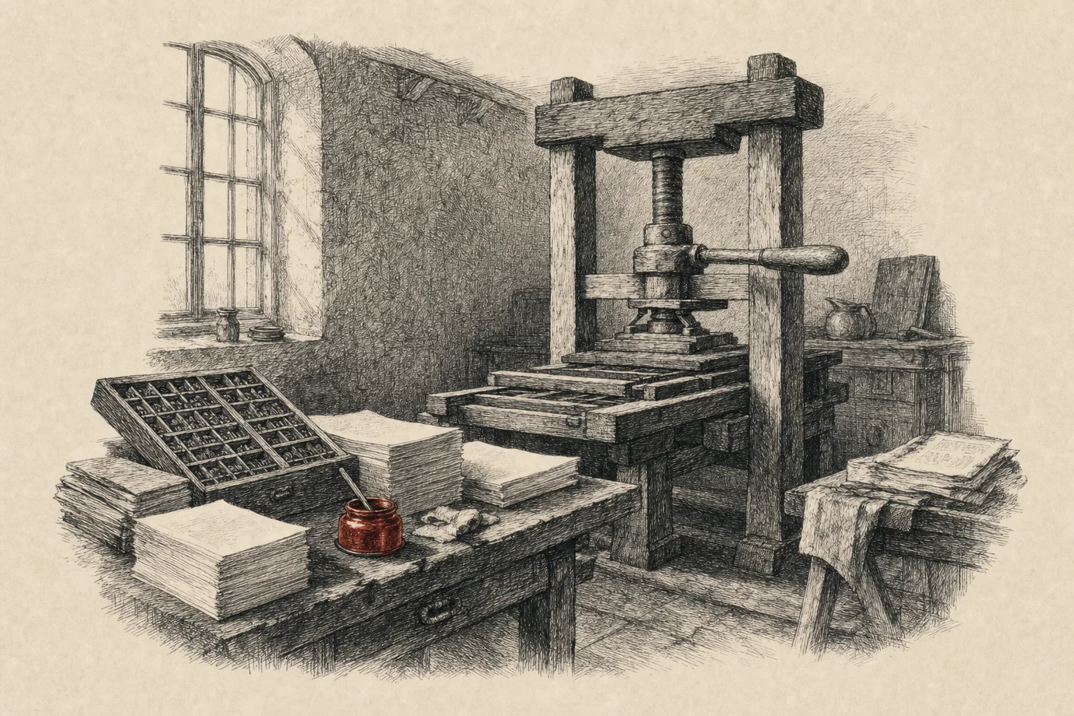 Un atelier d'imprimerie ancien, une presse à bras au centre, des piles de papier blanc