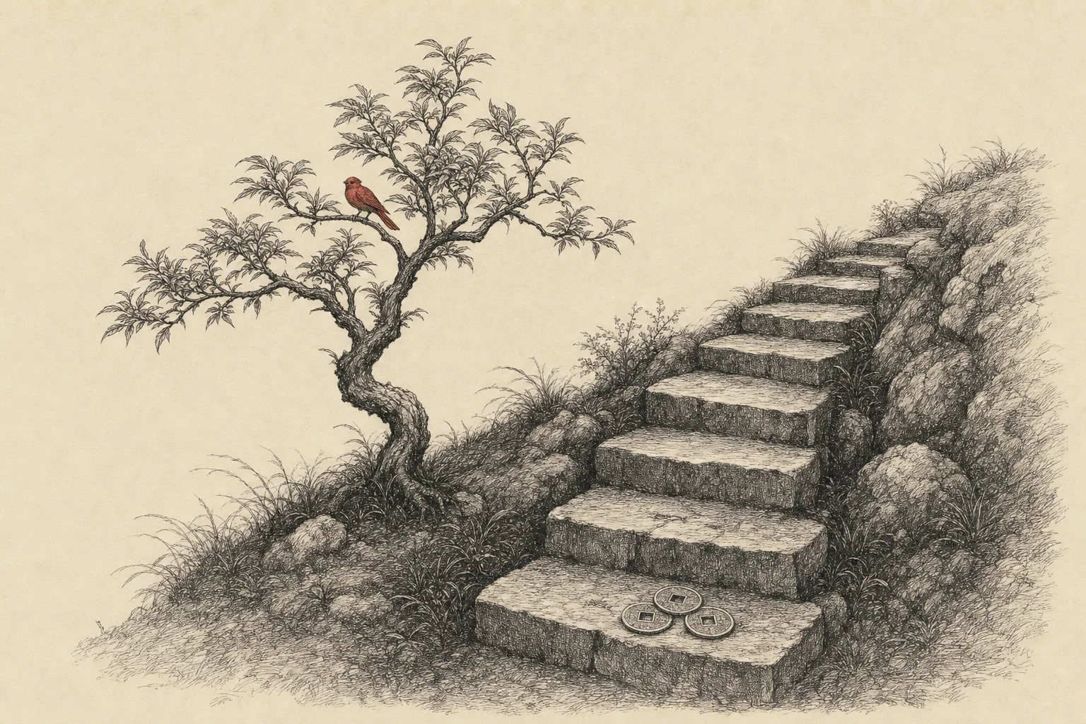 Un jeune arbre à flanc de colline près d'un escalier de pierre, trois pièces chinoises sur la première marche