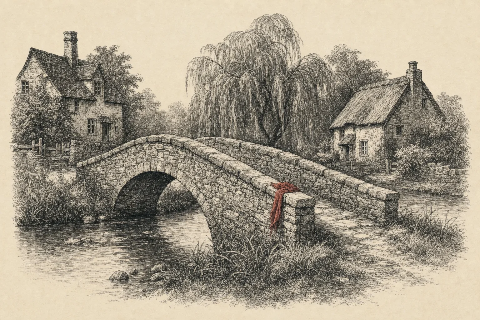 Une étroite passerelle de pierre au-dessus d'un ruisseau, entre deux maisons qui se font face