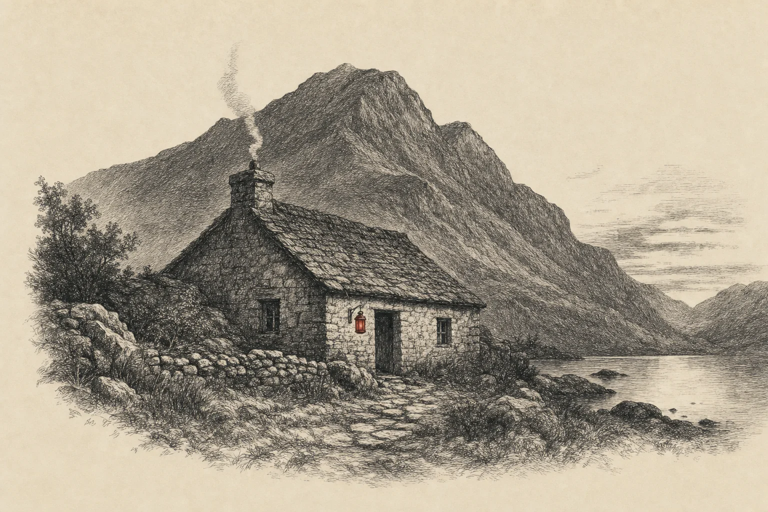 Une maison de pierre au pied d'une montagne au crépuscule, une lanterne près de la porte