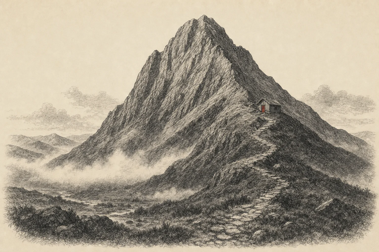 Une montagne solitaire au soir, un sentier de pierre qui monte vers un petit abri