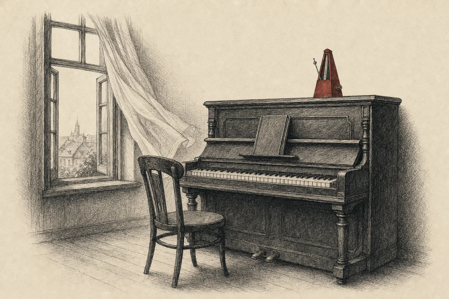 Un piano droit près d'une fenêtre ouverte dont le rideau bouge au vent, un métronome posé dessus
