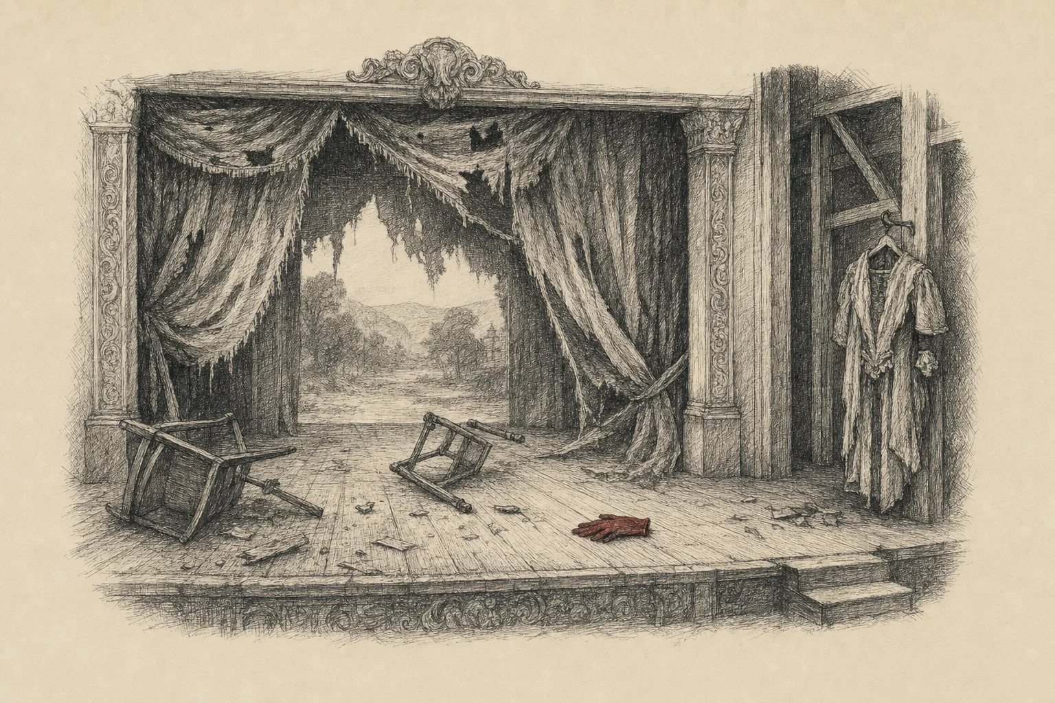 Une scène de théâtre vide, le rideau à moitié déchiré, des chaises renversées et un costume oublié