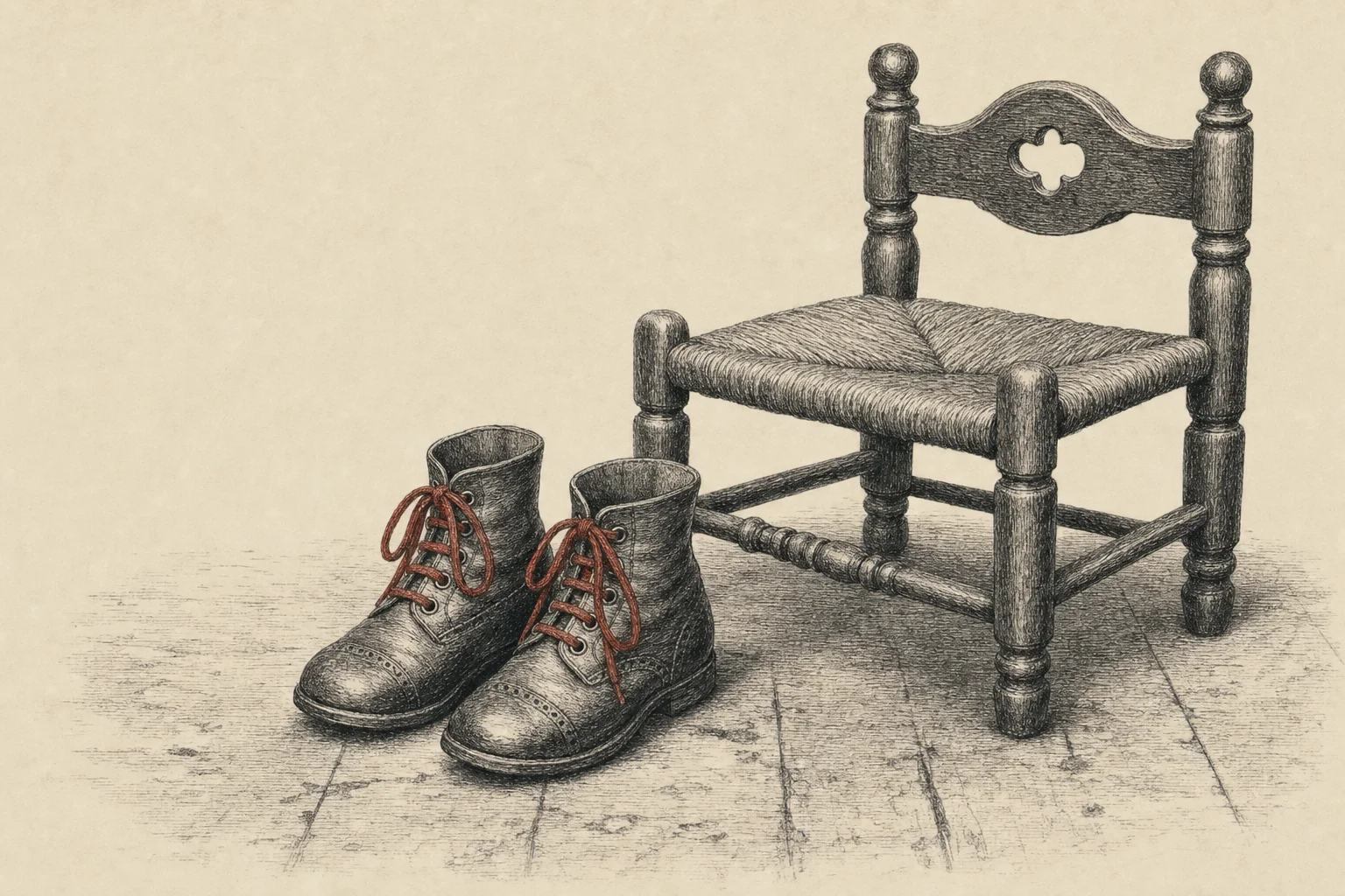 Une paire de petites bottines d'enfant posées sur un plancher, près d'une chaise basse