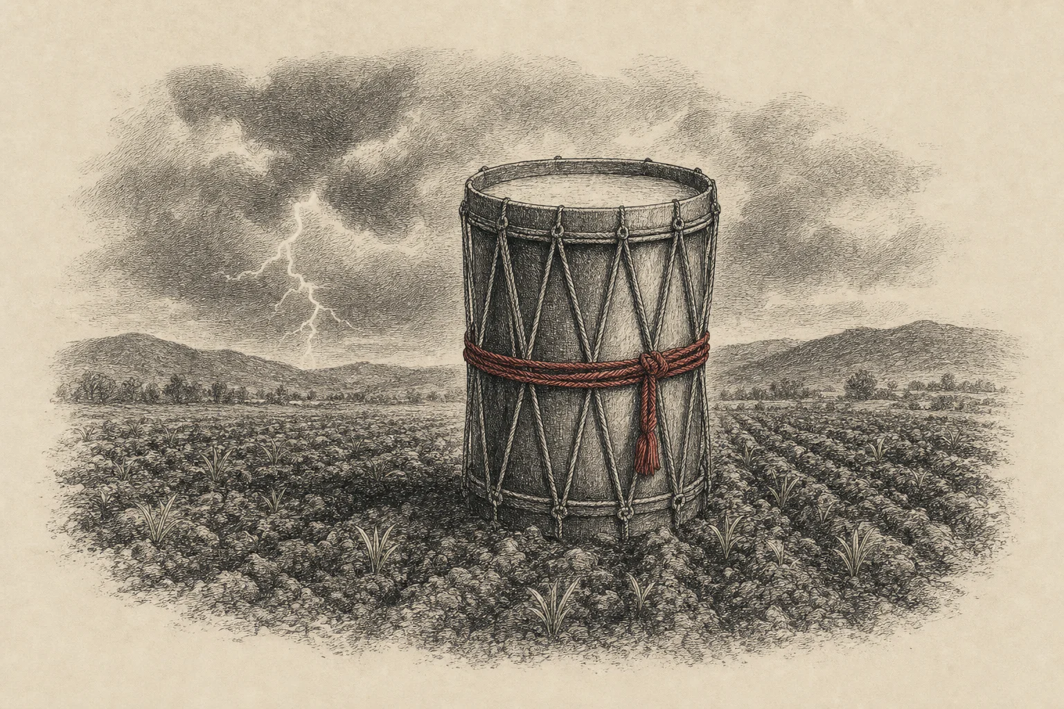 Un grand tambour dressé au milieu d'un champ labouré, un orage de printemps qui gronde au-delà des collines