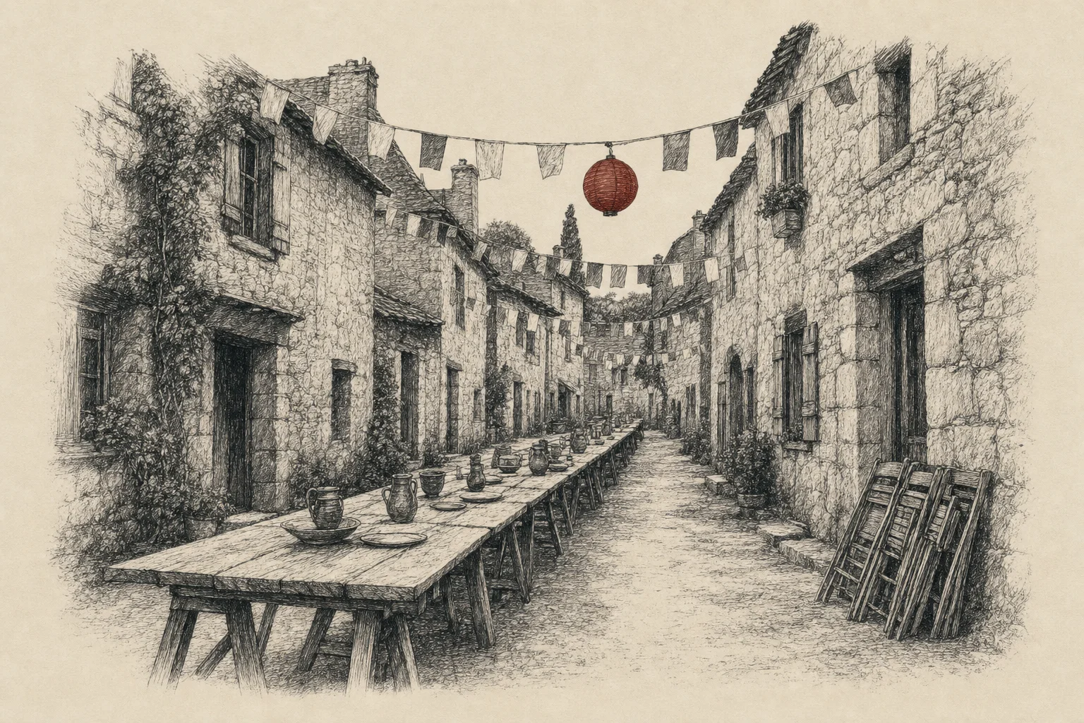 Une rue ancienne où l'on dresse de longues tables, des guirlandes de fanions tendues entre les fenêtres