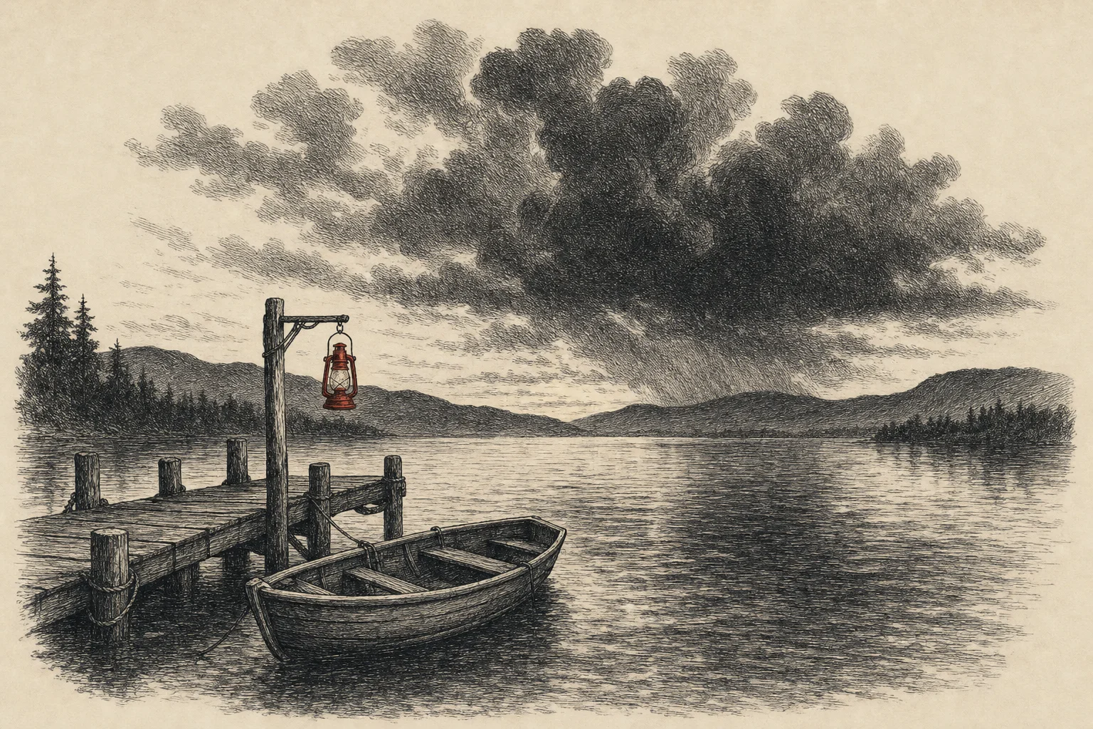 Un lac ridé sous des nuages d'orage, une barque amarrée à un ponton