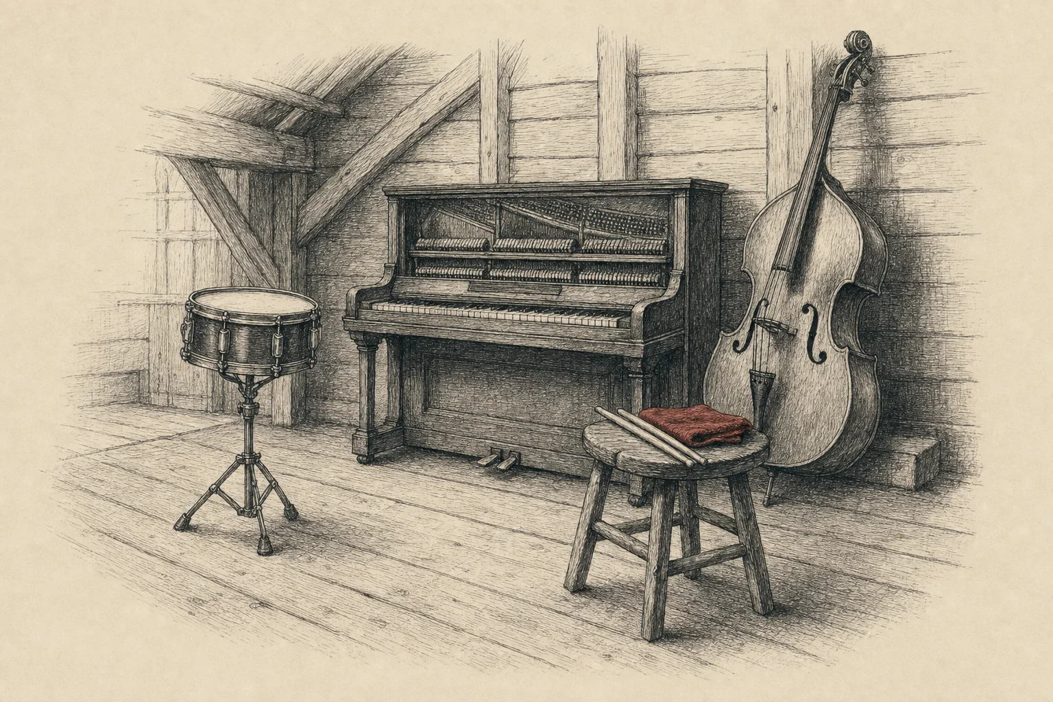 Un local de répétition dans une grange, un tambour un peu à l'écart des autres instruments, des baguettes posées sur un tabouret