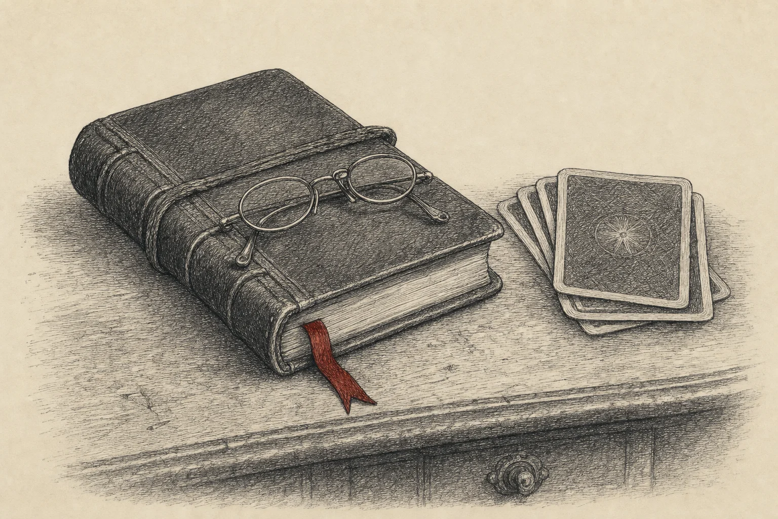 Un carnet fermé près d'un petit paquet de cartes retournées, une paire de lunettes posée dessus