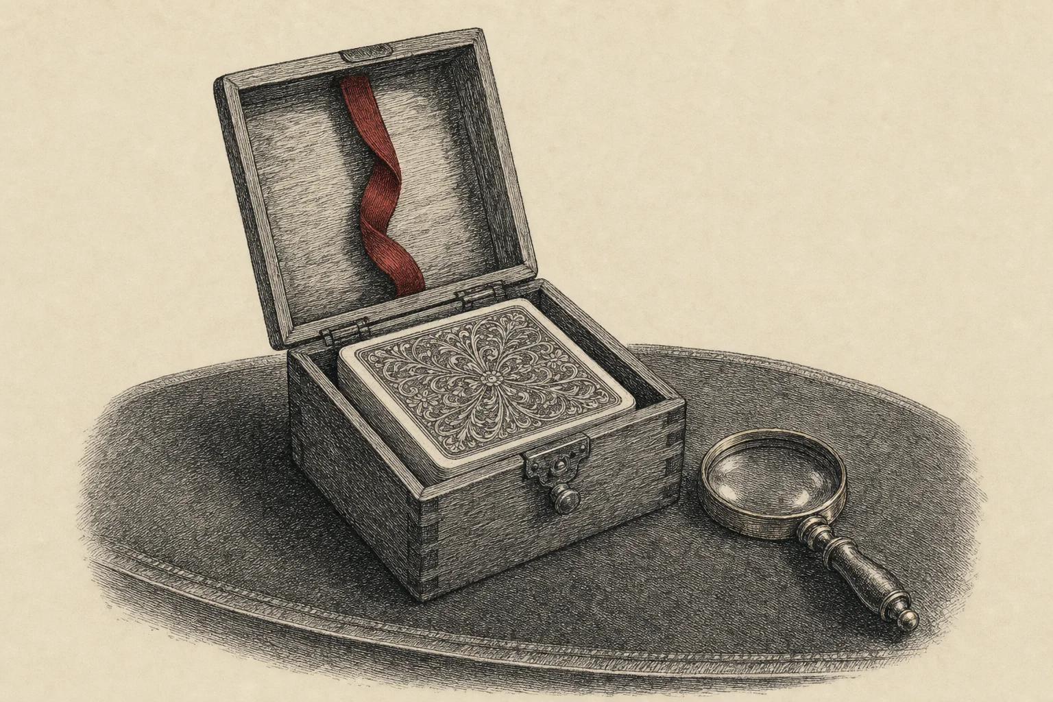 Une boîte à cartes ouverte sur un tapis de jeu, à côté d'une loupe en laiton