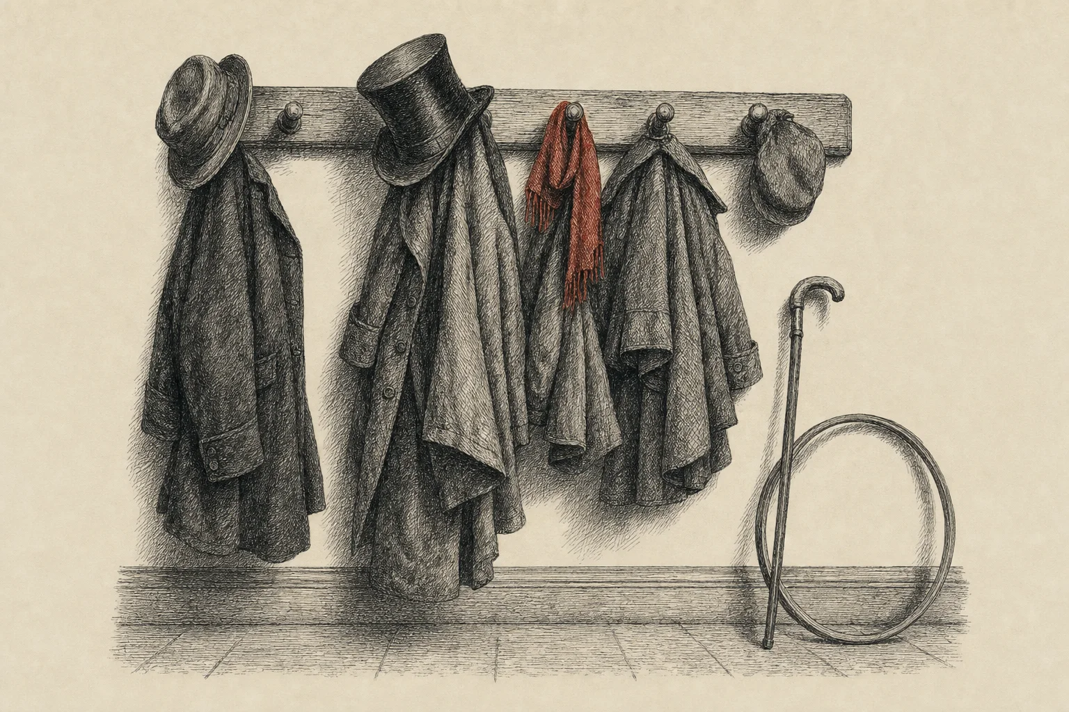 Des manteaux et des chapeaux pendus dans une entrée, une canne et un cerceau d'enfant appuyés au mur