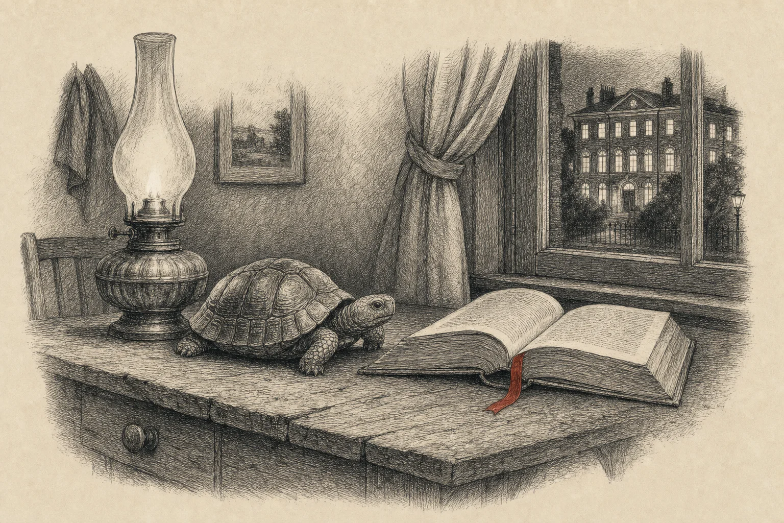 Une petite tortue sur une table près d'une lampe et d'un livre ouvert, les fenêtres éclairées d'une grande maison au-dehors