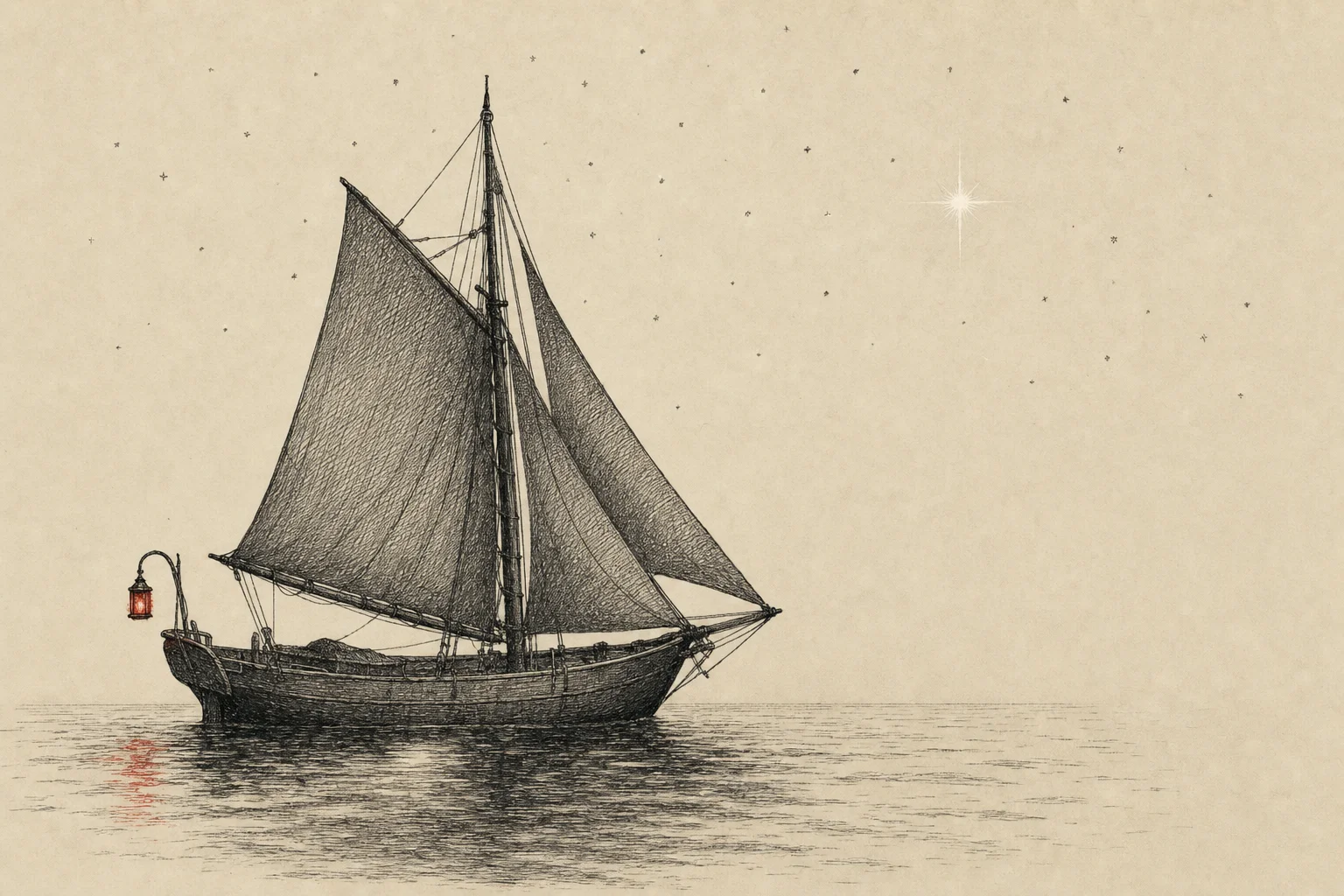 Un voilier seul sur une mer calme, la nuit, sous un ciel étoilé, une étoile plus brillante au-dessus de la proue