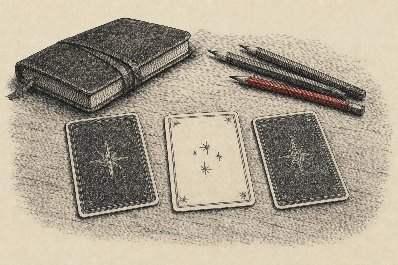 Trois cartes sur une table à dessin, près d'un carnet fermé, celle du milieu montrant des étoiles