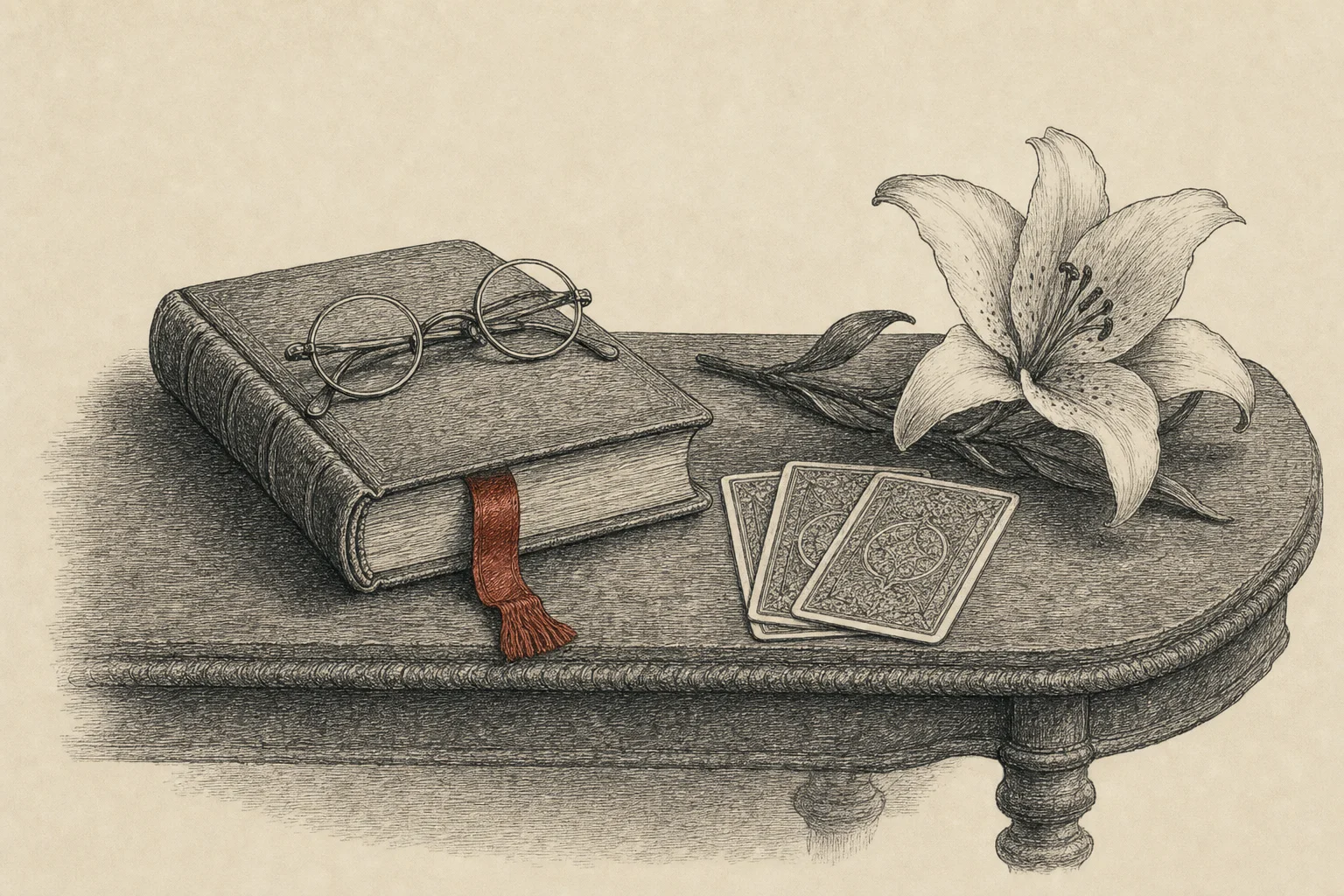 Des lunettes posées sur un livre fermé, près de trois cartes retournées et d'un lys coupé