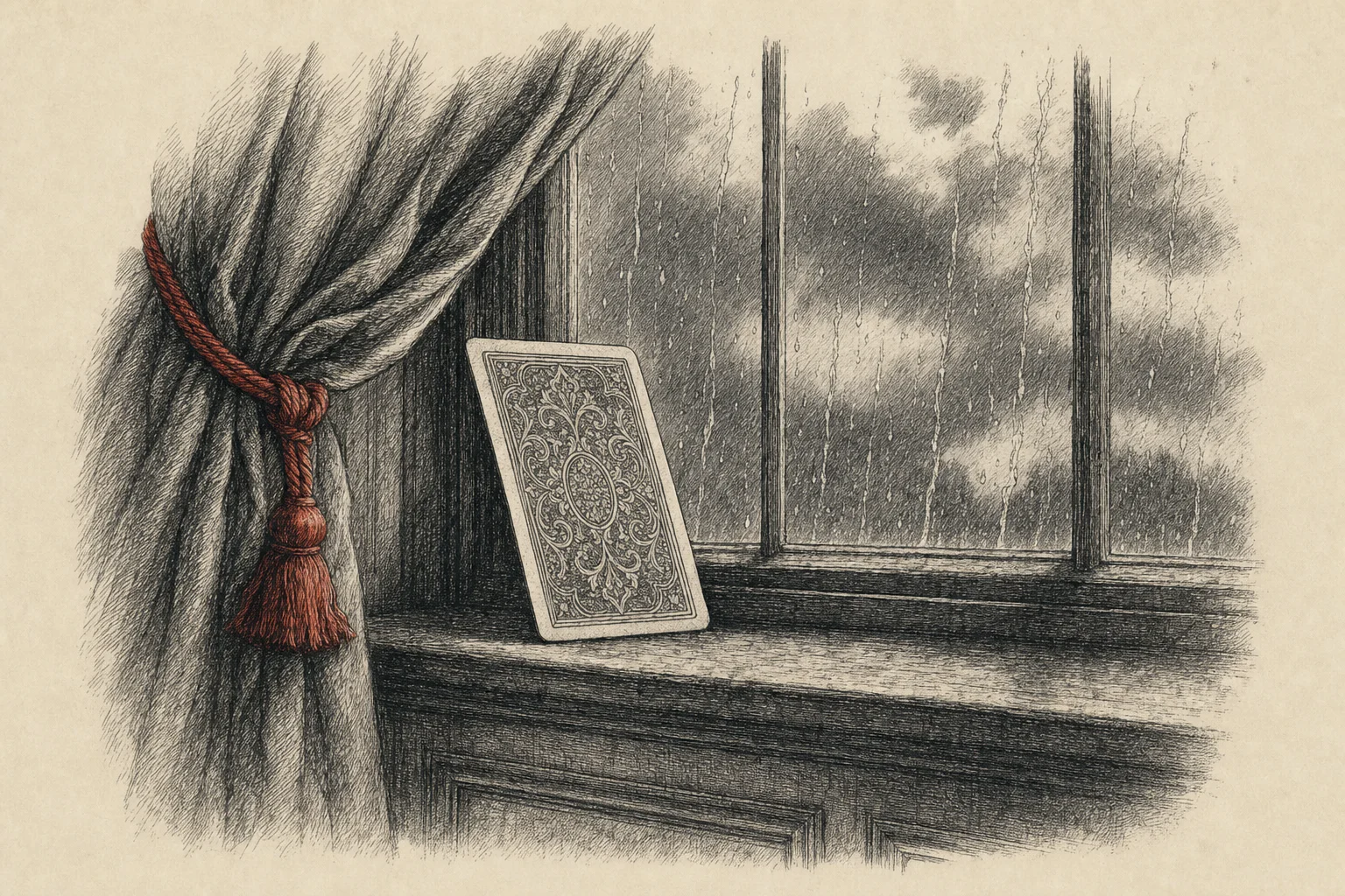 Une carte retournée posée contre une fenêtre mouillée de pluie, un ciel gris derrière la vitre
