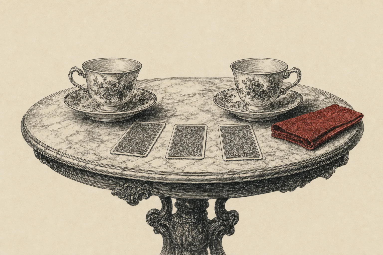 Deux tasses face à face sur une petite table, trois cartes retournées entre elles