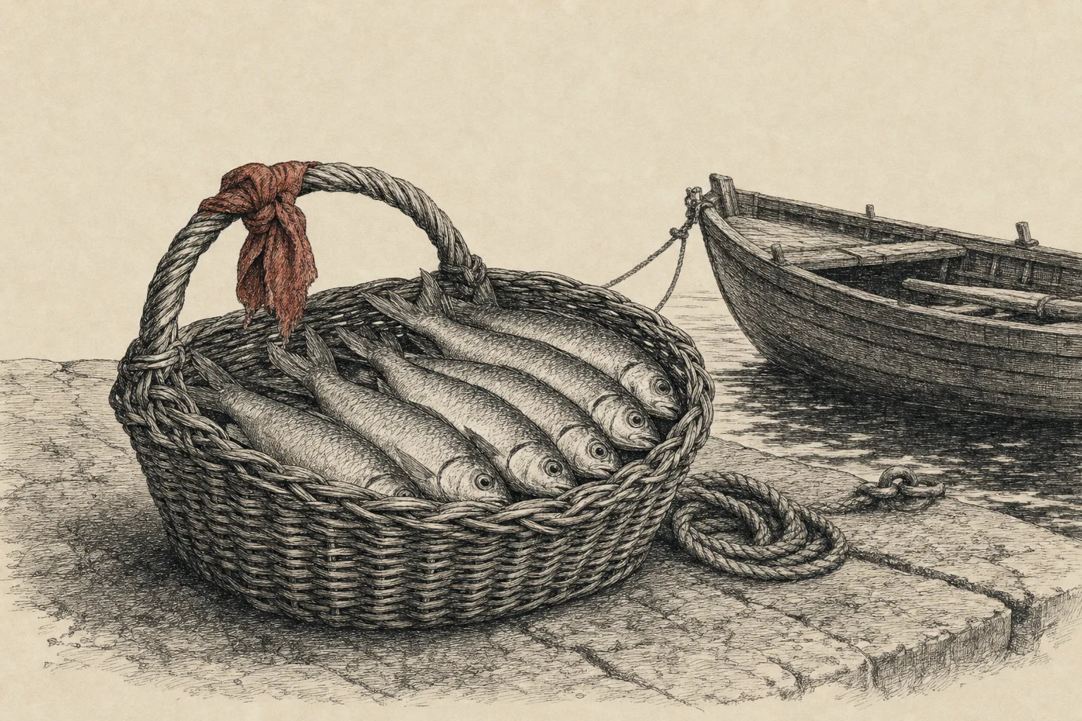 Un panier d'osier rempli de poissons sur un quai de pierre, une barque amarrée derrière