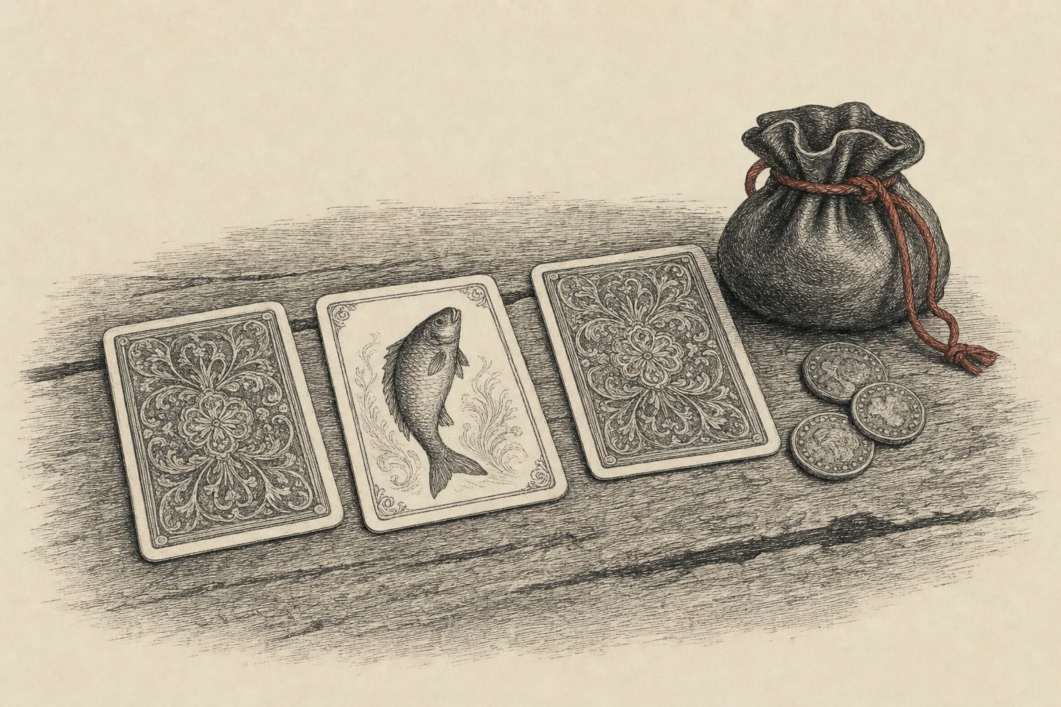 Trois cartes posées sur un comptoir près de pièces anciennes, celle du milieu montrant un poisson