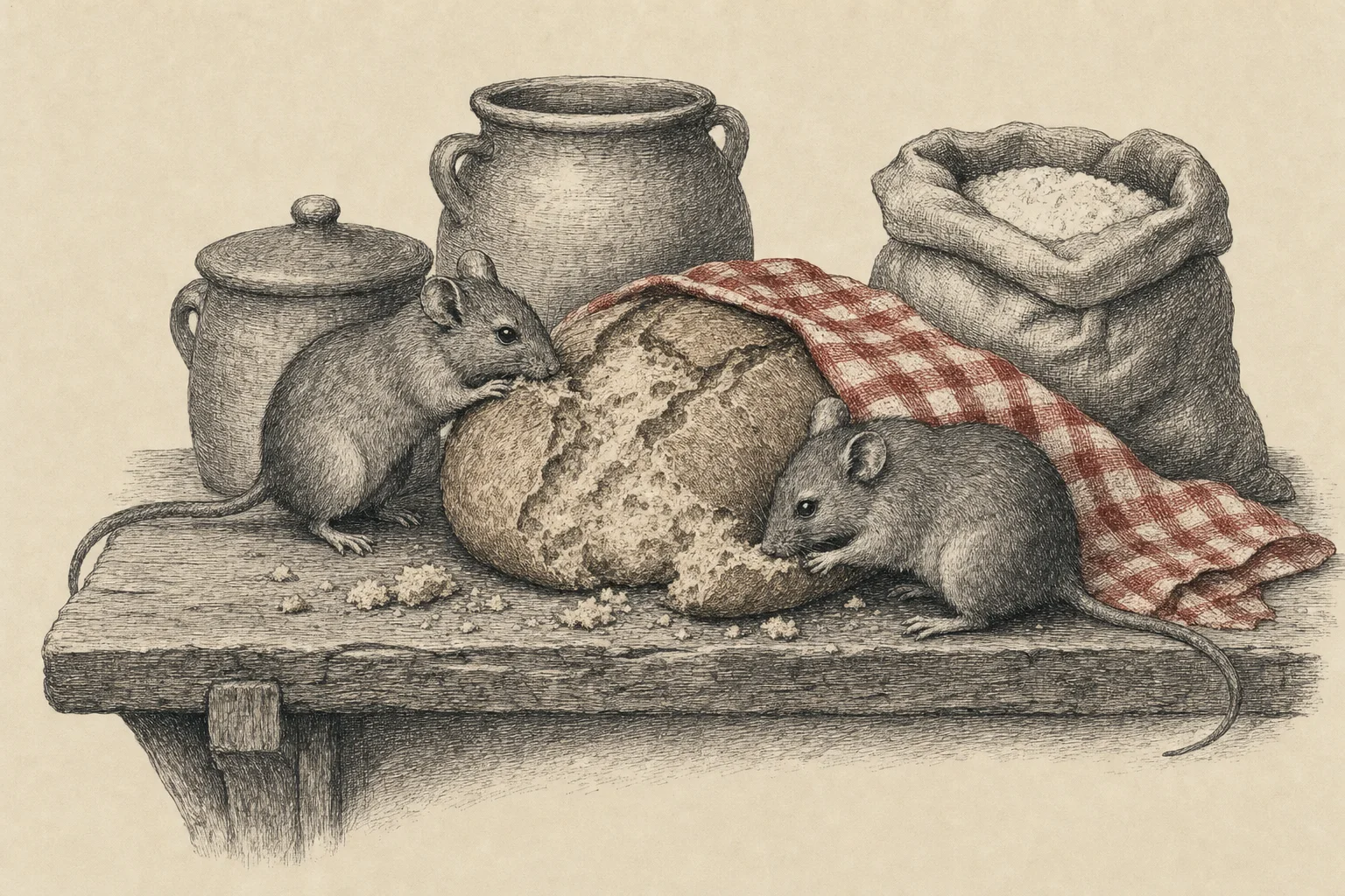 Deux souris grises qui grignotent une miche de pain sur l'étagère d'un garde-manger