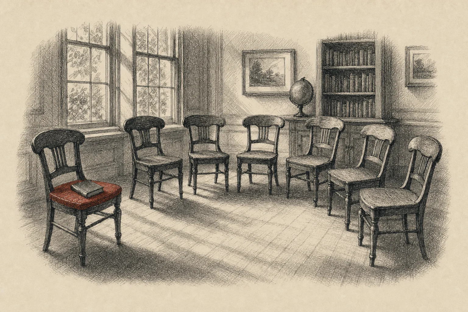 Des chaises vides disposées en demi-cercle dans une salle de lecture, un livre fermé laissé sur l'une d'elles