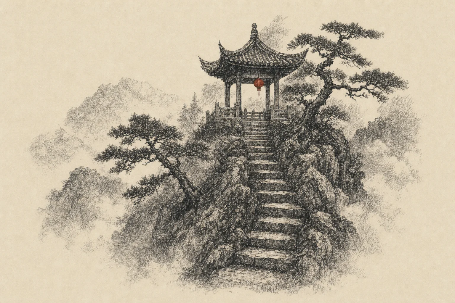Un escalier de pierre de six marches monte vers un petit pavillon, dans la brume et les pins