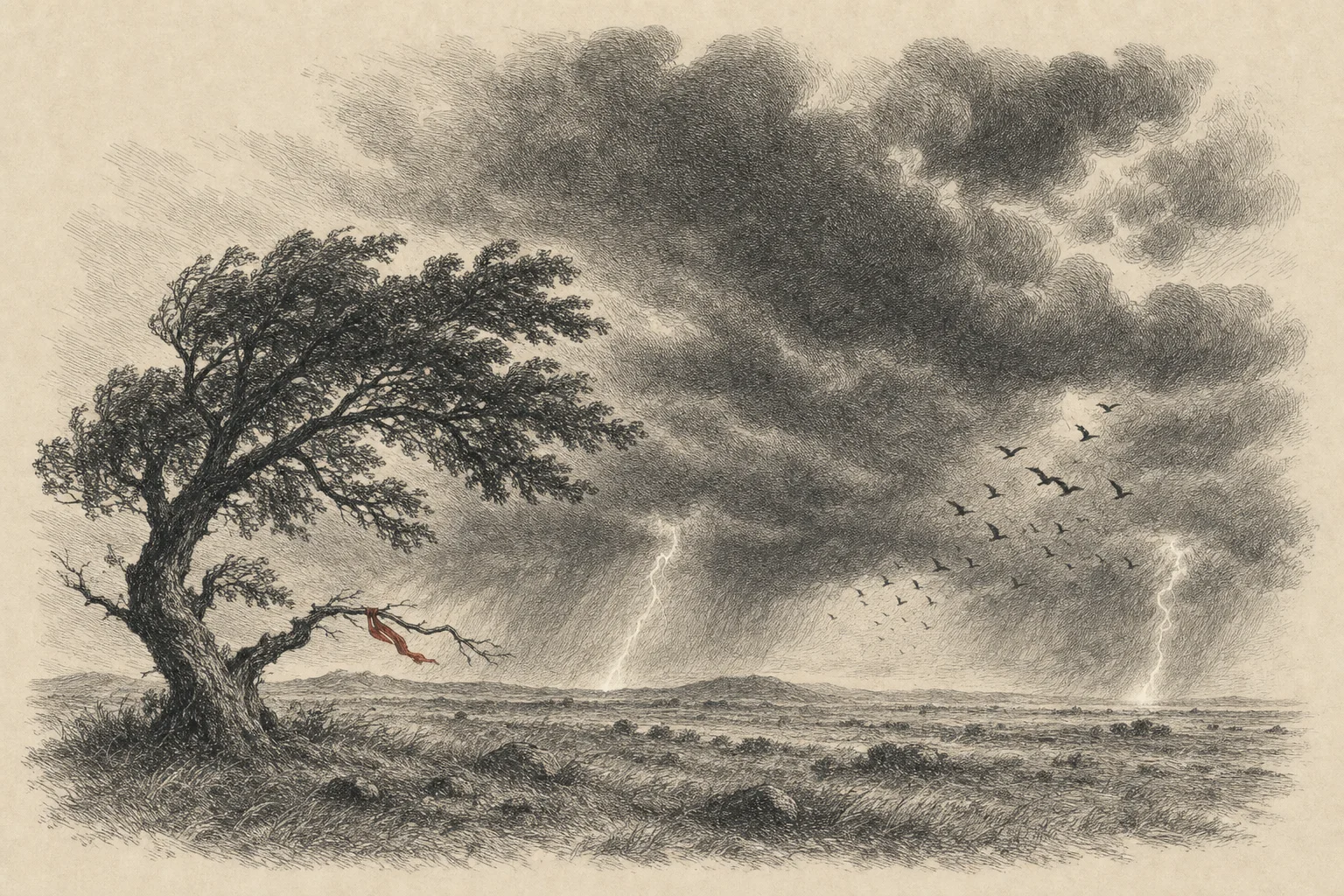 Une plaine sous l'orage, deux éclairs à l'horizon, un chêne courbé par le vent et des oiseaux qui s'envolent