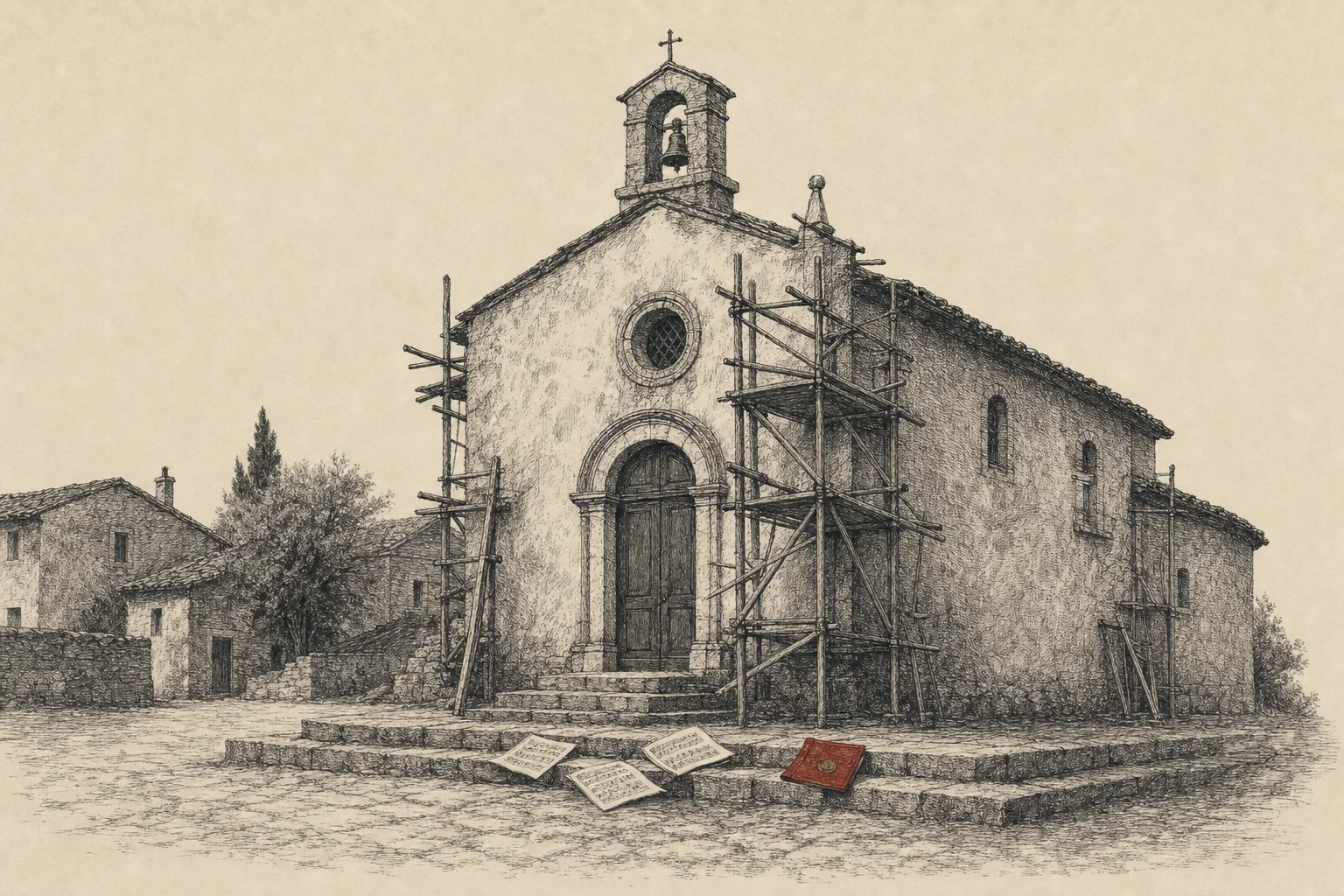 Une petite église couverte d'échafaudages, des partitions éparpillées sur les marches