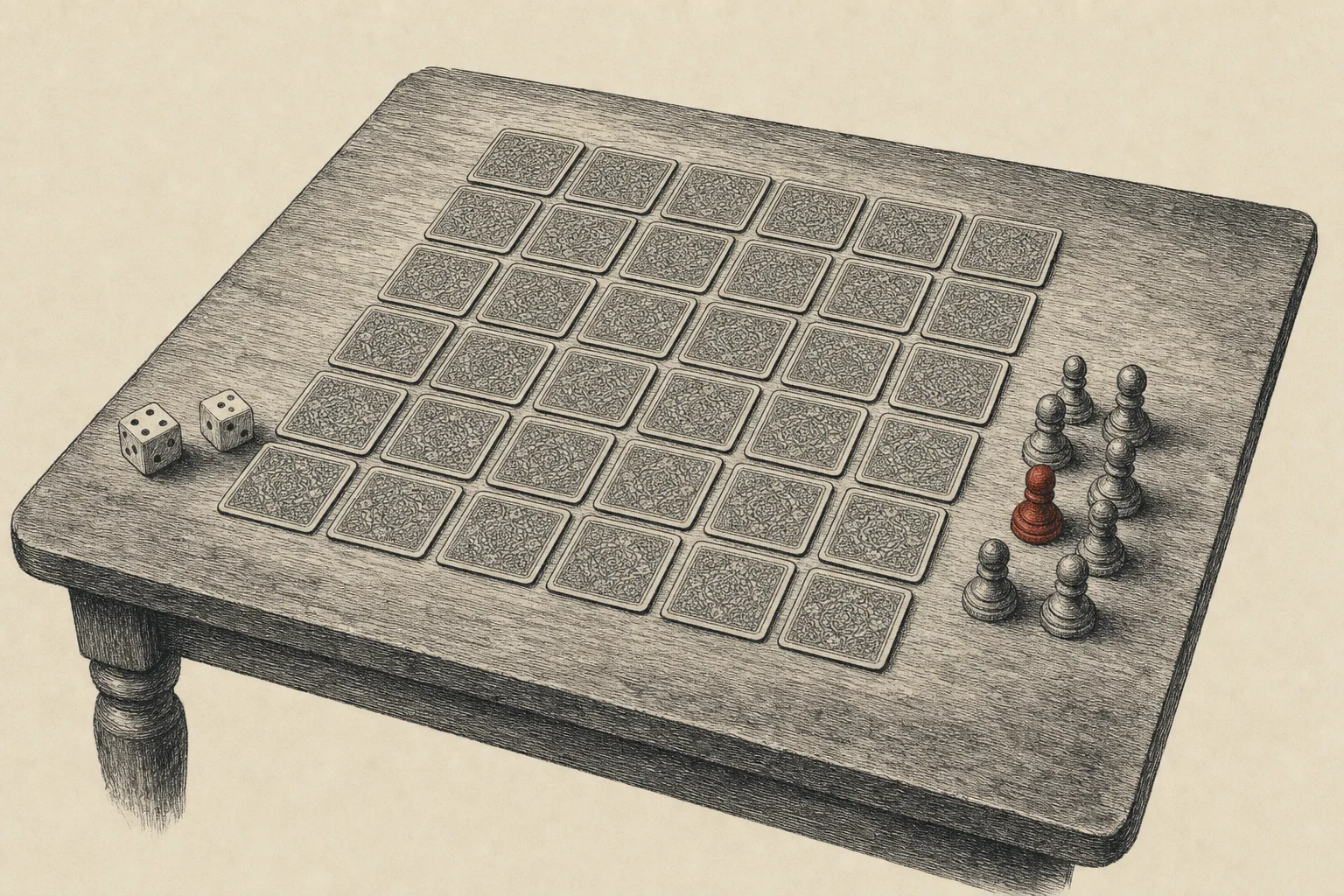 Un ancien jeu de société : trente-six cartes posées en carré sur une table, avec des dés et des pions