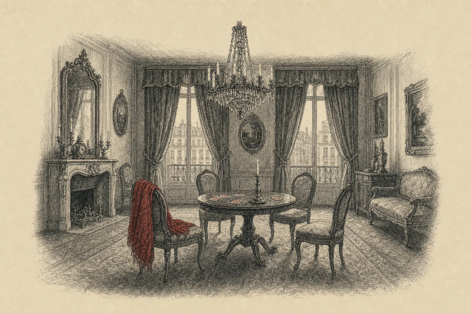 Un salon parisien du début du XIXe siècle, une petite table de jeu au centre où reposent quelques cartes