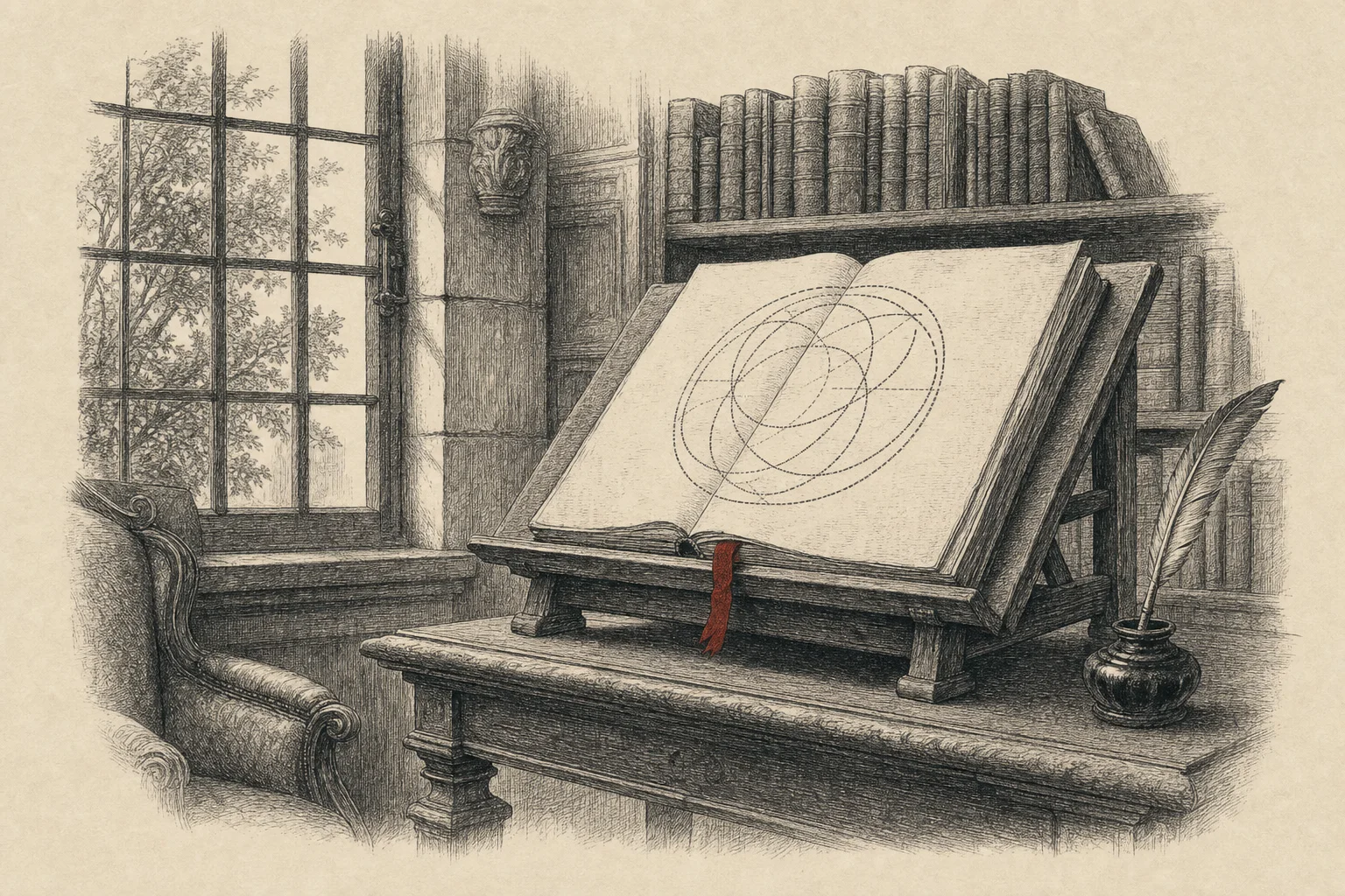 Un grand livre ouvert sur un lutrin, montrant un cercle de traits pleins et brisés, dans une bibliothèque