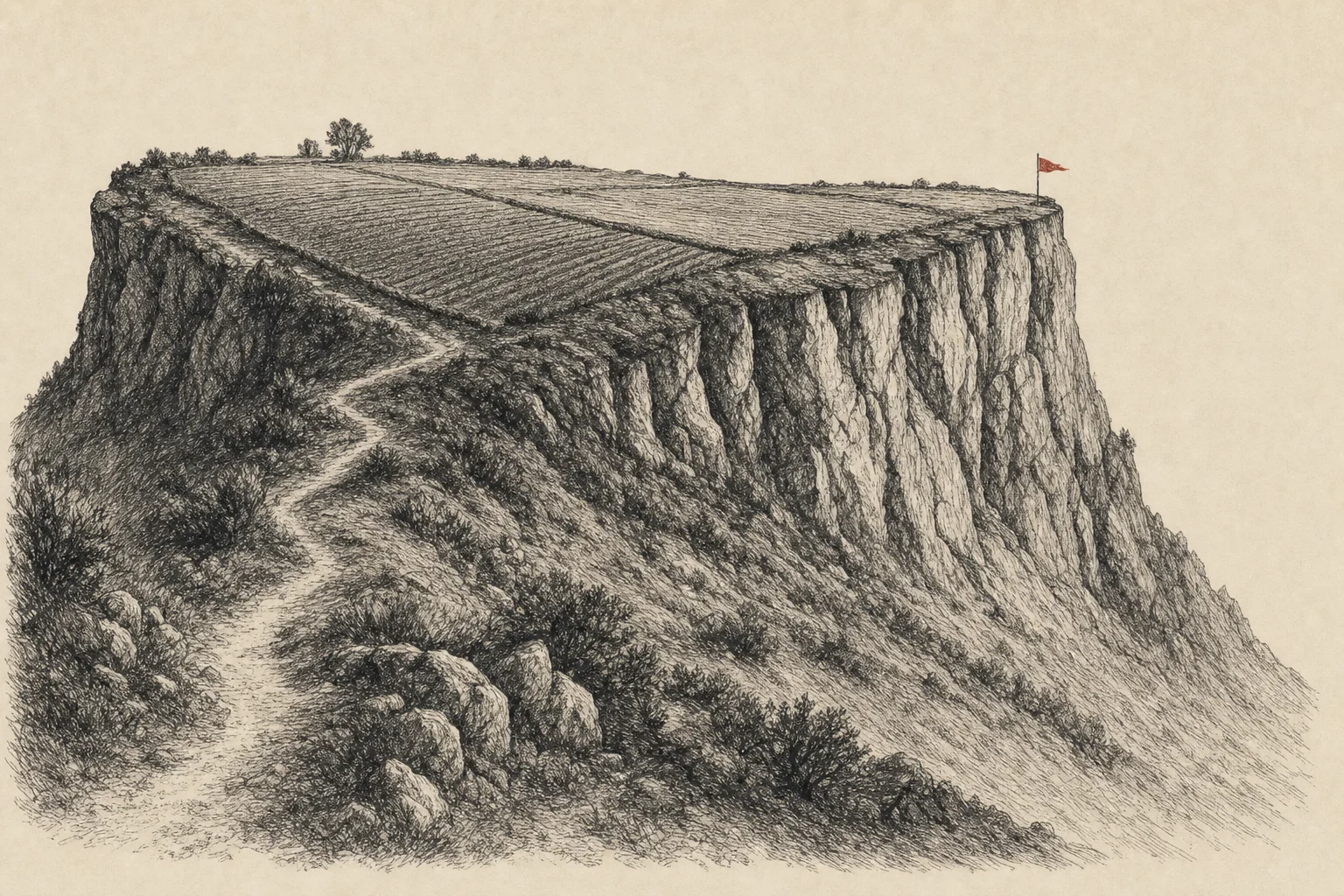Un plateau cultivé reposant sur le flanc rocheux d'une montagne, un chemin qui monte doucement