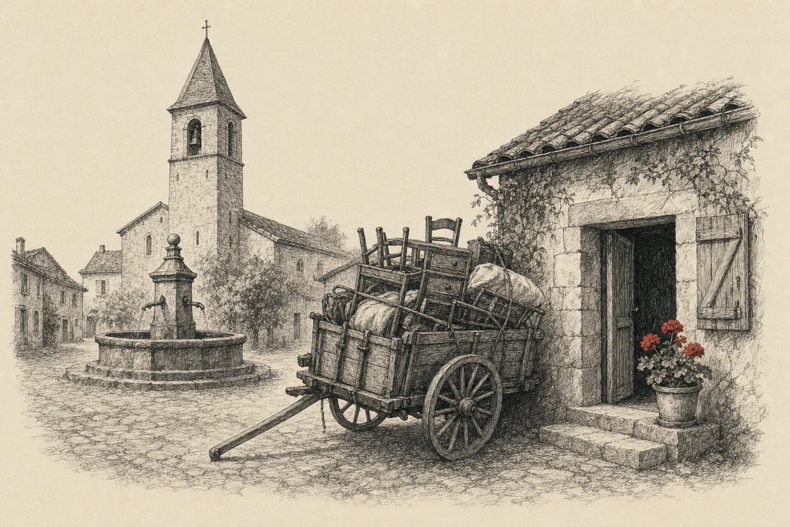 Une place de village avec sa fontaine, une charrette chargée de meubles devant une porte ouverte