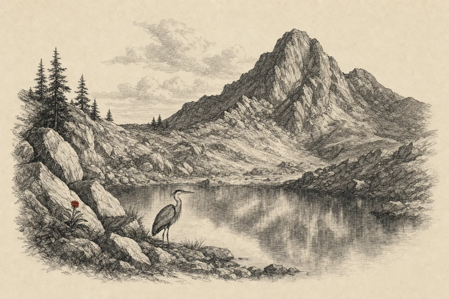 Un lac tranquille niché au sommet d'une montagne, un héron au bord de l'eau