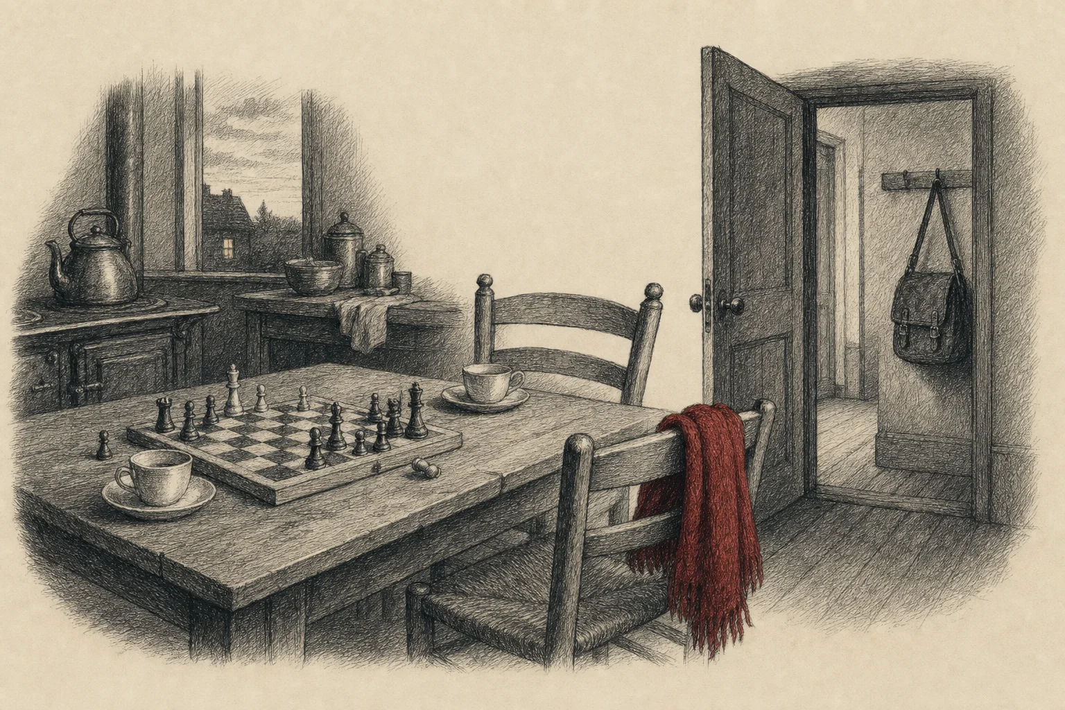 Une cuisine au crépuscule, deux tasses près d'une partie d'échecs inachevée, une porte ouverte sur le couloir