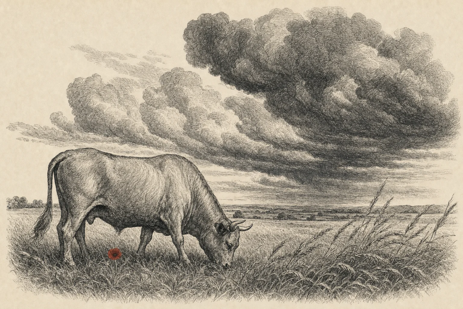 Le tonnerre roule sous un vaste ciel au-dessus des prairies, un bœuf paisible au premier plan