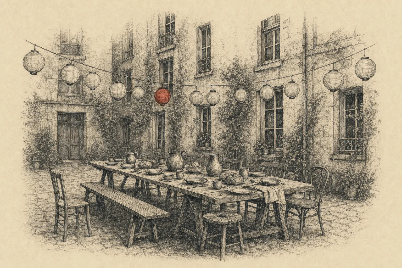 La cour d'un immeuble, une longue table dressée et des lanternes en papier tendues entre les fenêtres