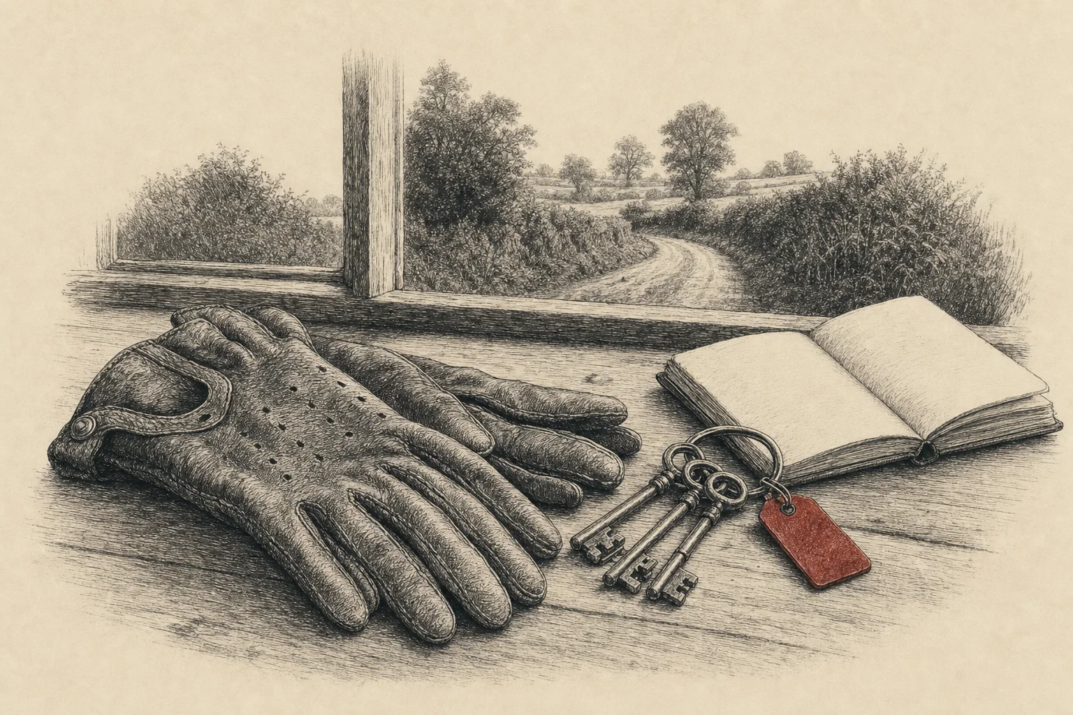 Des gants de conduite et un trousseau de clés sur une table, une route de campagne qui serpente au-dehors