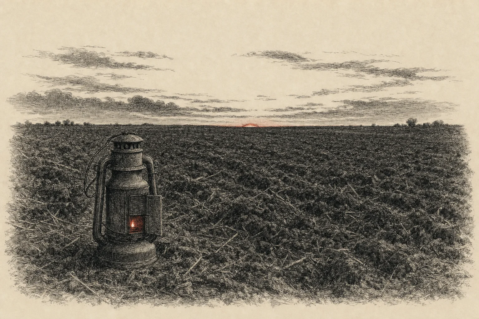 Le soleil disparaît sous l'horizon d'une plaine sombre, une lanterne voilée posée au premier plan